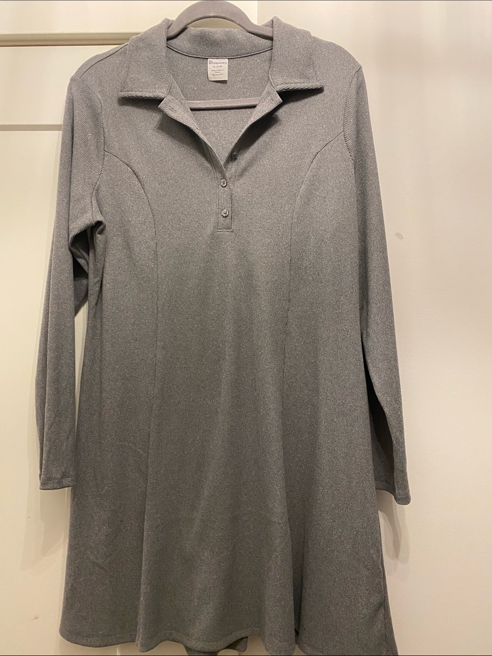 No Boundaries Grey Ribbed Long Sleeve Polo Mini Dress